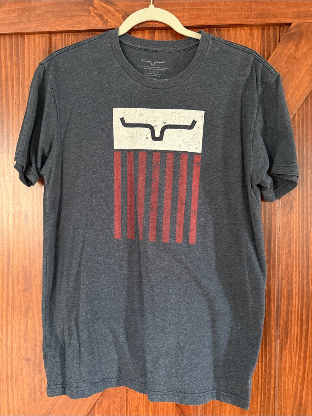 Kimes Ranch Charcoal Tee with Red Stripe Graphic and Cream Block